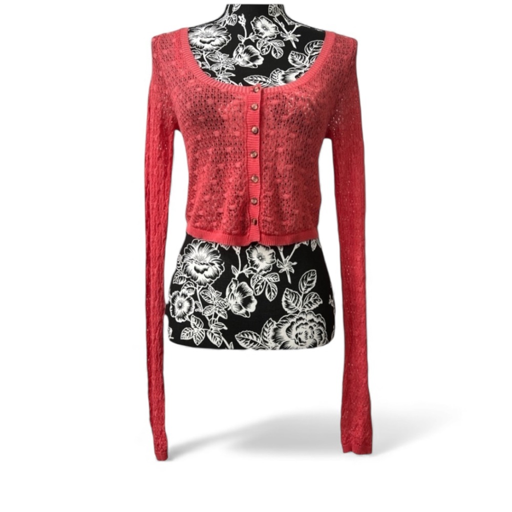 Free People Coral Red Openwork Knit Button-Front Cardigan